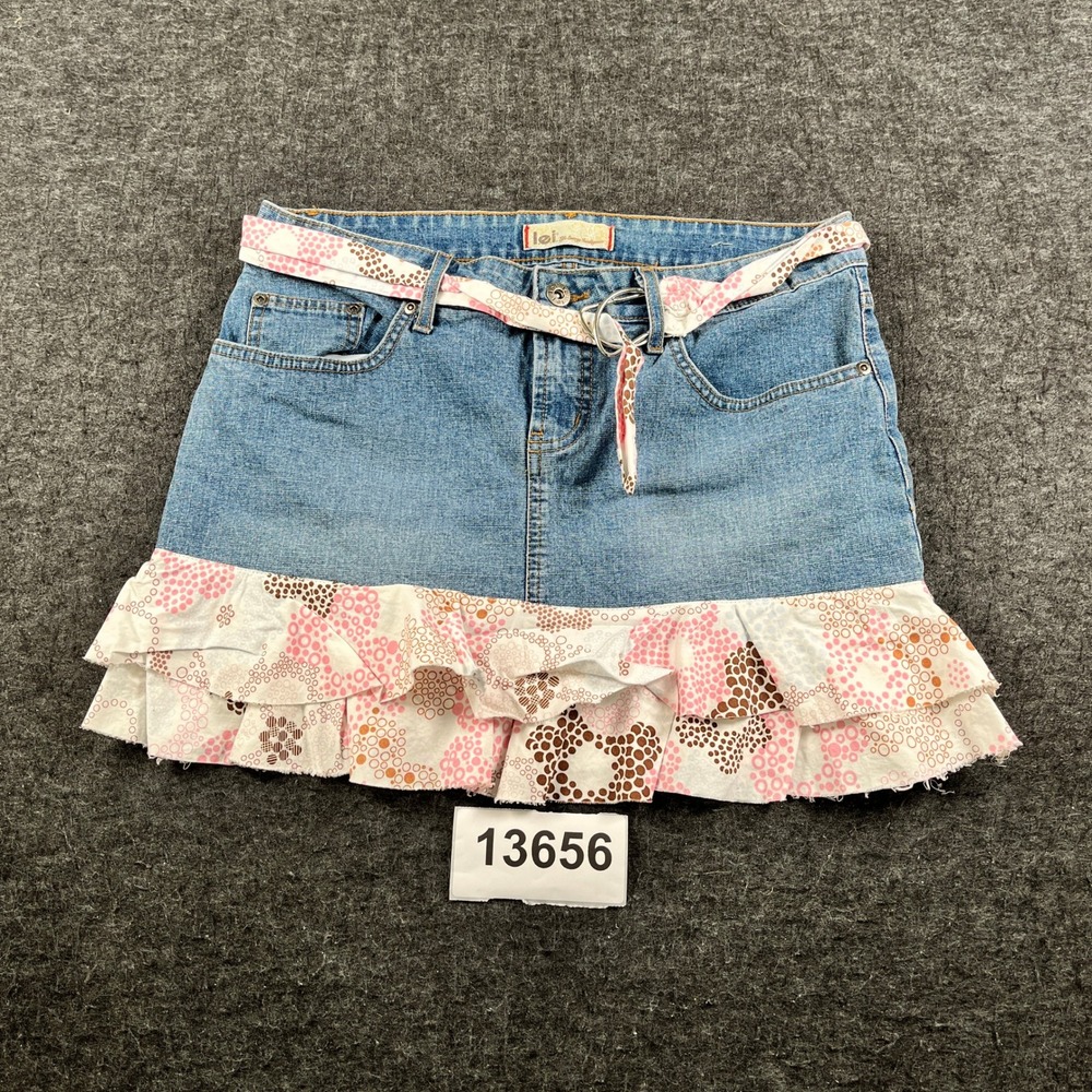 l.e.i. Life Energy Intelligence Mini Skirt Womens 9 Blue Denim Cotton Ruffle Hem